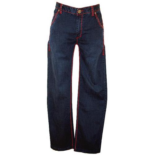 Prestige Royalty Culture Navy Blue With Red Stitching & Leather Flaps With Metal Studs Cotton Distressed Denim Jeans DN931